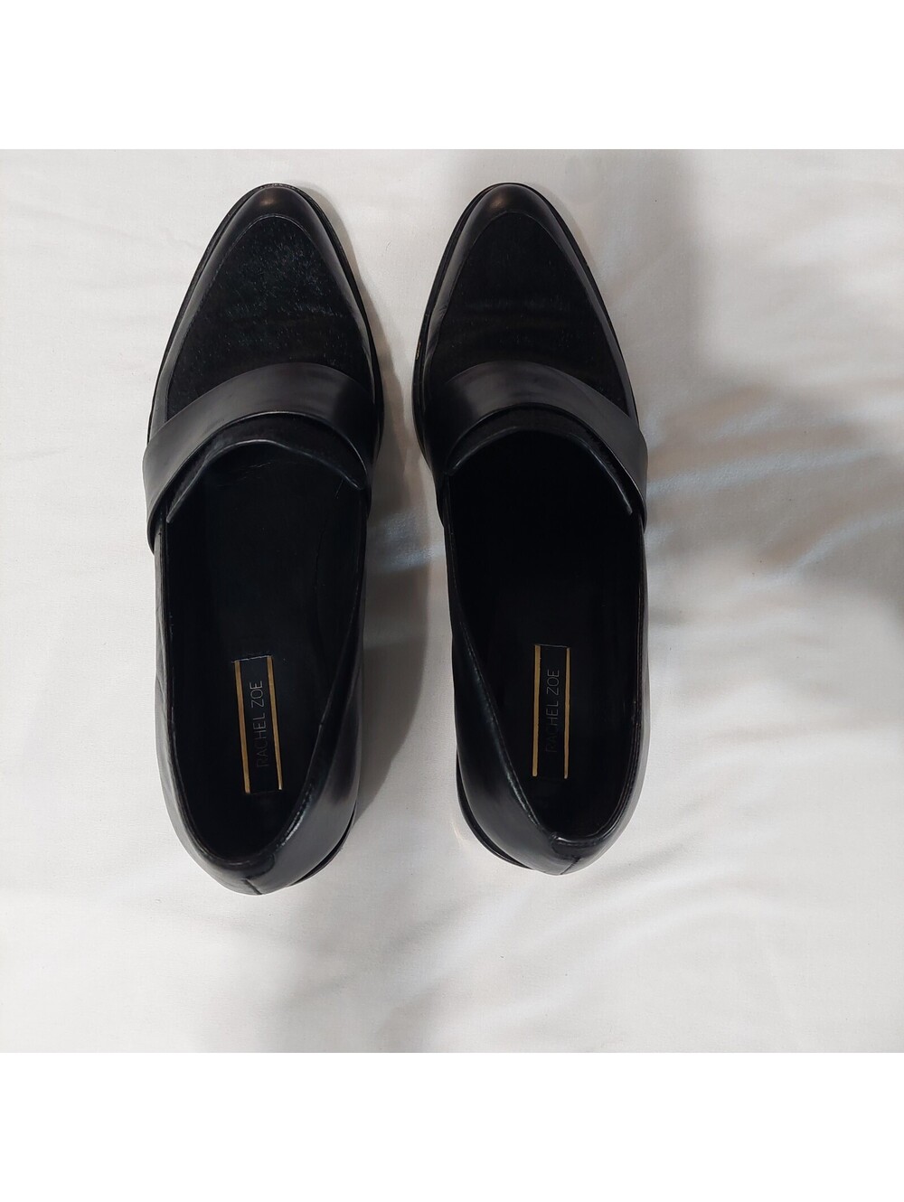 Rachel Zoe Black Leather and Haircalf Loafers with Gold Accent Heels